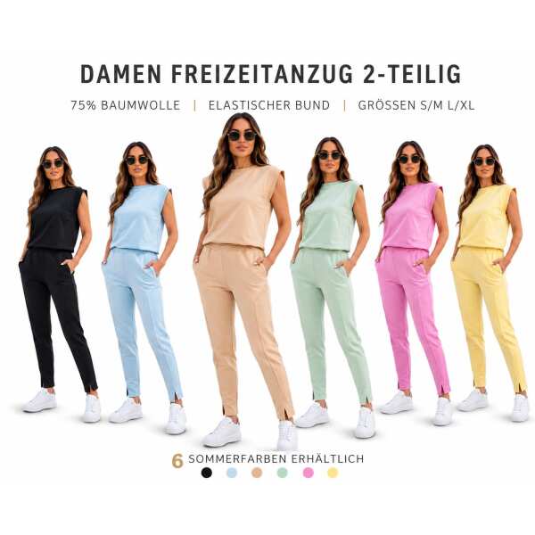 Damen Freizeitanzug 2-teilig – Baumwollmix Lounge Set mit Schulterdetail & Schlupfhose