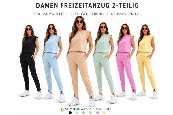 Damen Freizeitanzug 2-teilig – Baumwollmix Lounge Set mit Schulterdetail & Schlupfhose