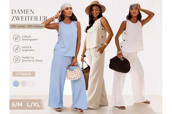 Damen Leinen-Viskose Set Zweiteiler Sommer Outfit mit ärmellosem Top & weiter Hose