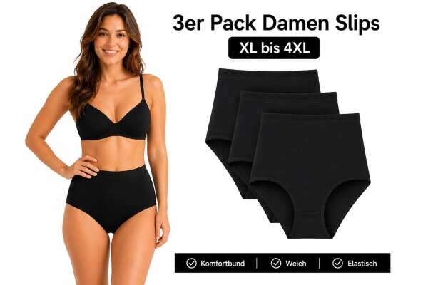 Damen Slips 3er Pack Schwarz XL-4XL High Waist Komfortbund