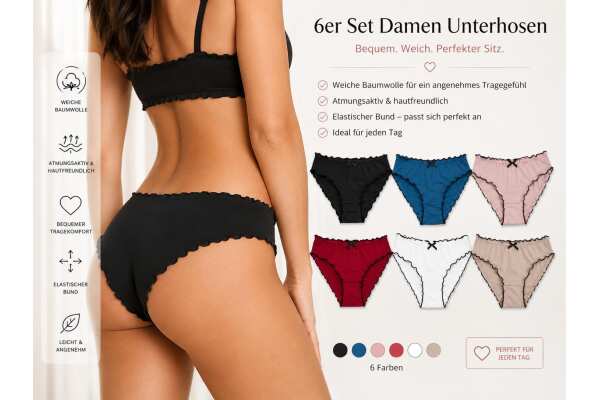 6er Set Damen Slips Baumwolle Unterhosen weich elastischer Bund