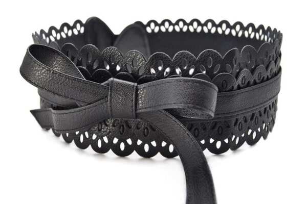 Damen Gürtel Bindegürtel Schwarz Boho Taillengürtel Lochmuster Elastischer Wickelgürtel