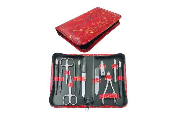 Maniküre Pediküre Set 12-teilig Solingen Qualität Made in Germany – Nagelpflege Set mit Etui Kunstleder, Blumen Rot