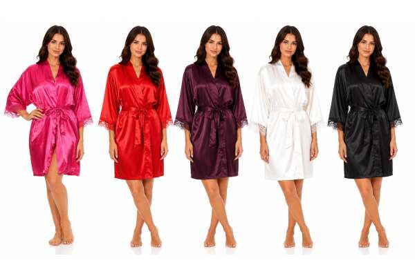 Damen Satin Morgenmantel Kimono kurz mit Spitze Bademantel Hausmantel Robe