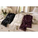 Damen Satin Morgenmantel Kimono kurz mit Spitze Bademantel Hausmantel Robe