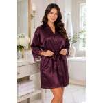 Damen Satin Morgenmantel Kimono kurz mit Spitze Bademantel Hausmantel Robe