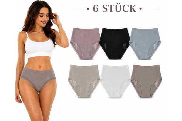 Damen Slips 6er Pack Baumwolle Ripp mit Spitze hoher Bund